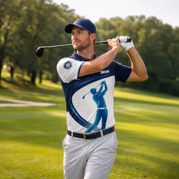Custom Golf Polo Shirt Personalized Name Blue White Golf Swing Performance Polo Shirt for Men