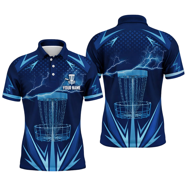 Disc Golf Polo Shirt Personalized Name Performance Blue Lightning Disc Golf Basket Shirt Unisex