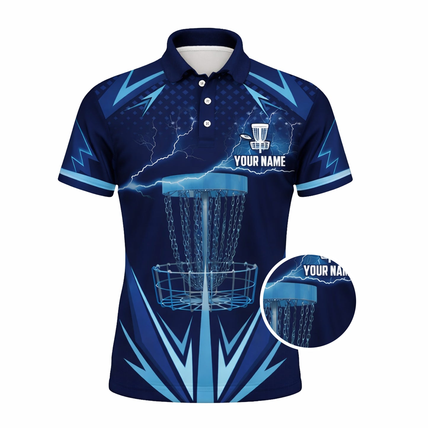 Disc Golf Polo Shirt Personalized Name Performance Blue Lightning Disc Golf Basket Shirt Unisex