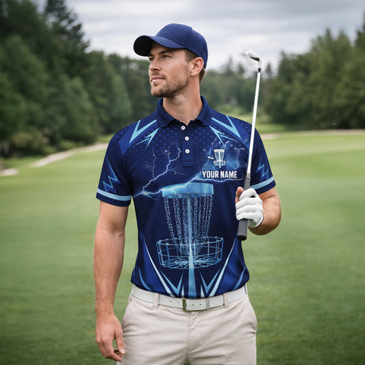 Disc Golf Polo Shirt Personalized Name Performance Blue Lightning Disc Golf Basket Shirt Unisex