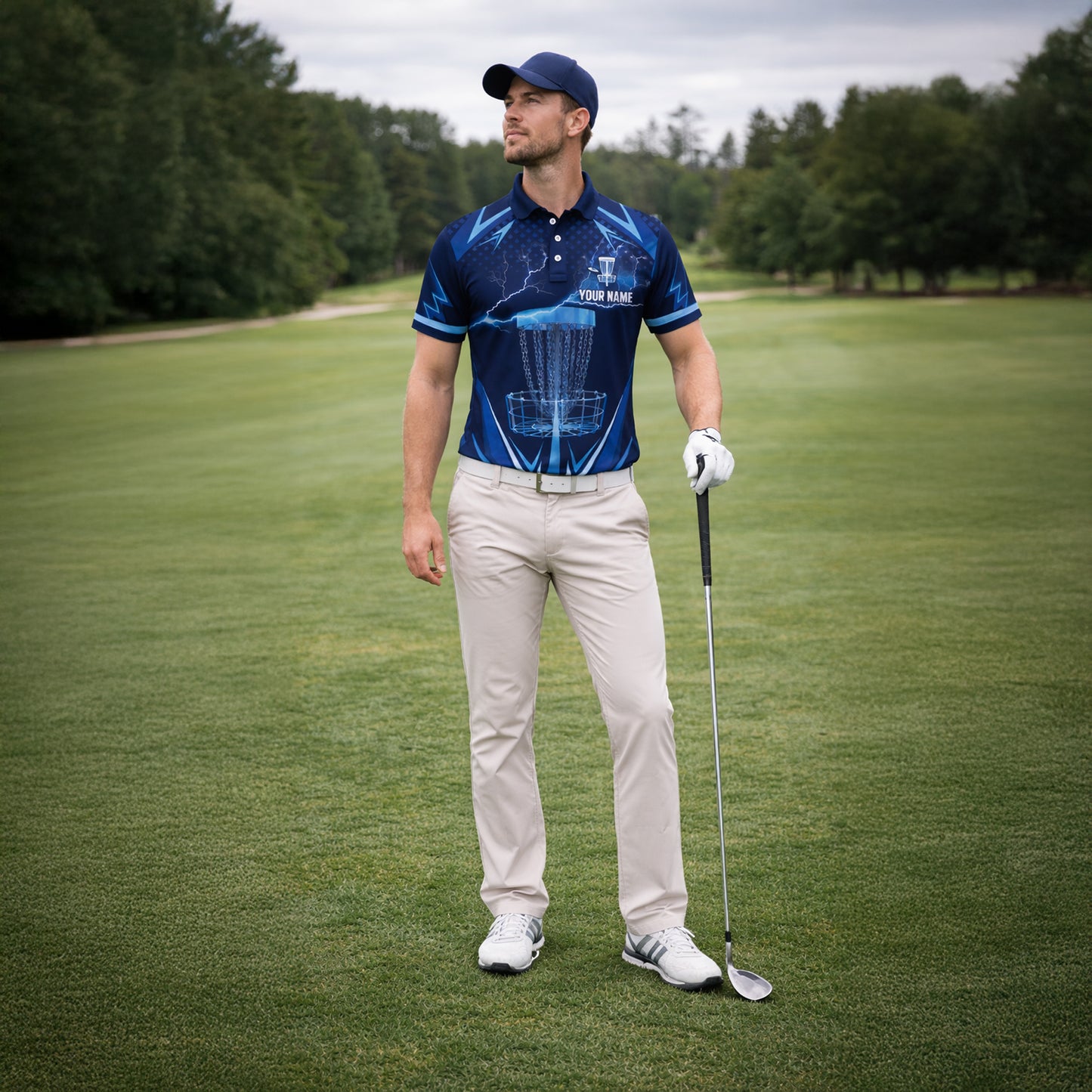 Disc Golf Polo Shirt Personalized Name Performance Blue Lightning Disc Golf Basket Shirt Unisex