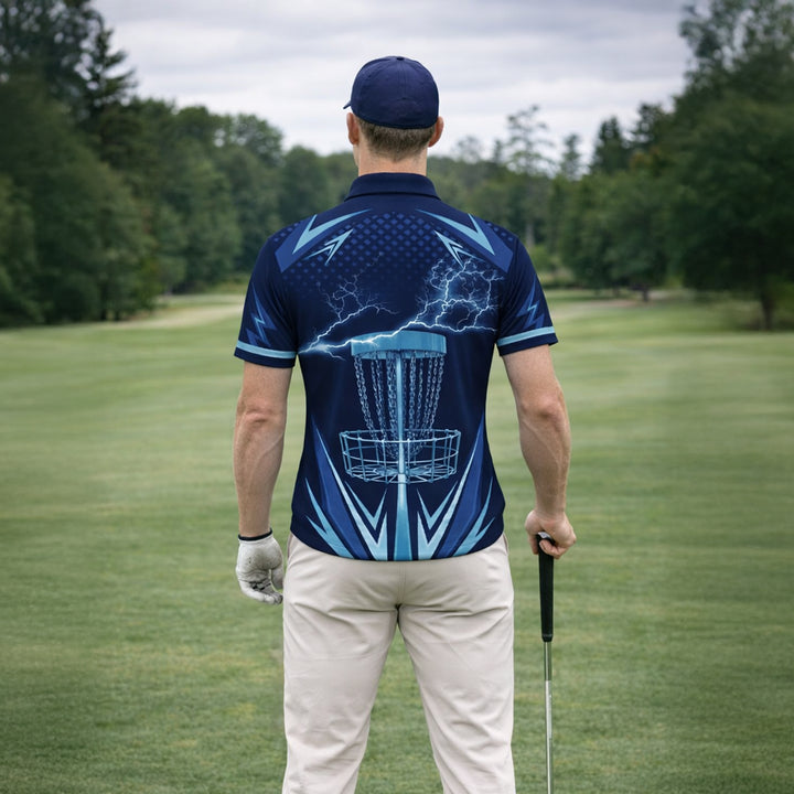 Disc Golf Polo Shirt Personalized Name Performance Blue Lightning Disc Golf Basket Shirt Unisex