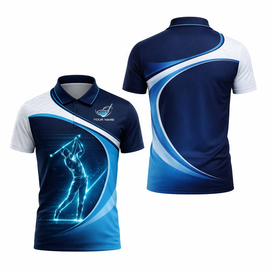 Custom Golf Polo Shirt Blue Neon Golfer Personalized Name Performance Golf Shirt Men Women Modern Sport Polo