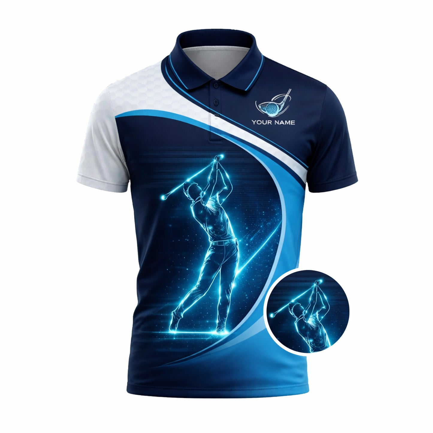 Custom Golf Polo Shirt Blue Neon Golfer Personalized Name Performance Golf Shirt Men Women Modern Sport Polo