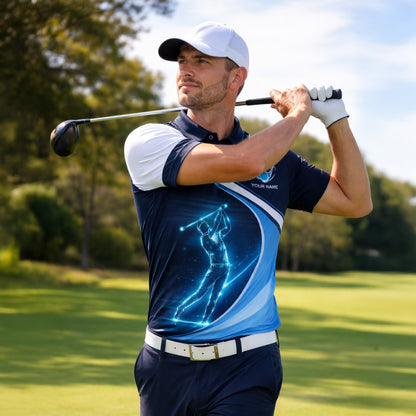 Custom Golf Polo Shirt Blue Neon Golfer Personalized Name Performance Golf Shirt Men Women Modern Sport Polo