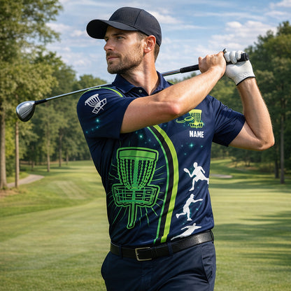 Custom Disc Golf Polo Shirt Glow Basket Design Personalized Name Performance Sports Polo