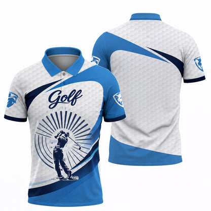 Golf Polo Shirt Men Performance Golf Shirt Breathable Athletic Polo Blue White Sportswear