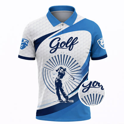 Golf Polo Shirt Men Performance Golf Shirt Breathable Athletic Polo Blue White Sportswear