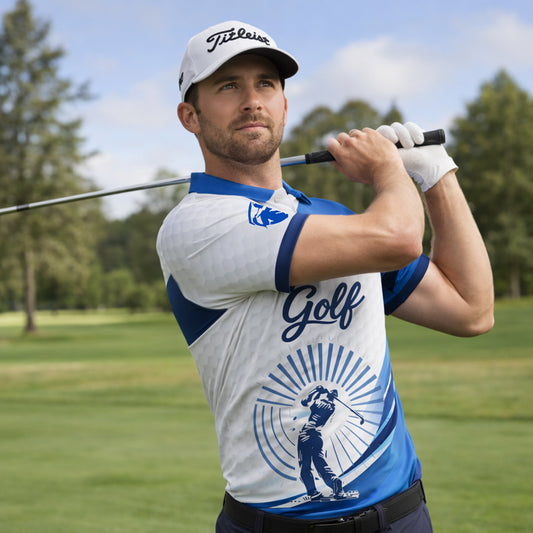 Golf Polo Shirt Men Performance Golf Shirt Breathable Athletic Polo Blue White Sportswear