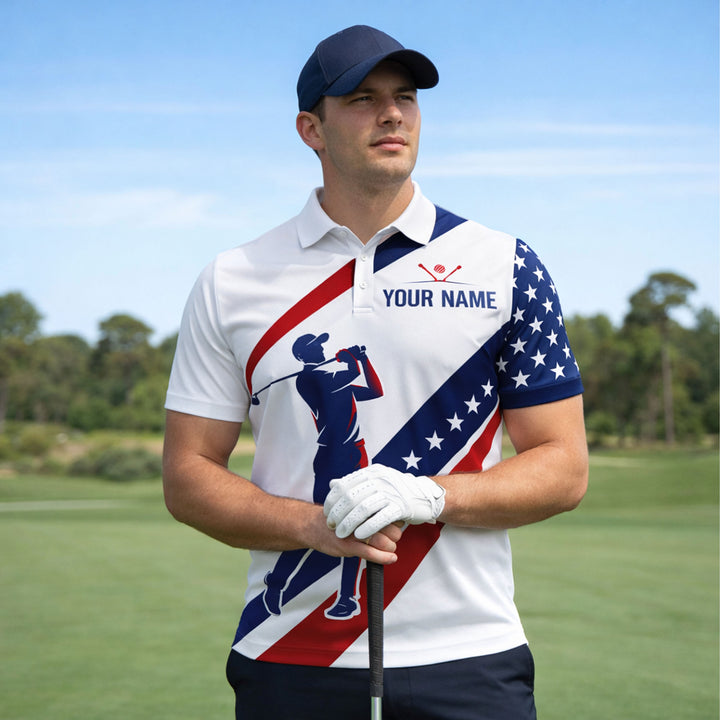 Custom Golf Polo Shirt USA Flag Style Personalized Name Team Number Performance Polo