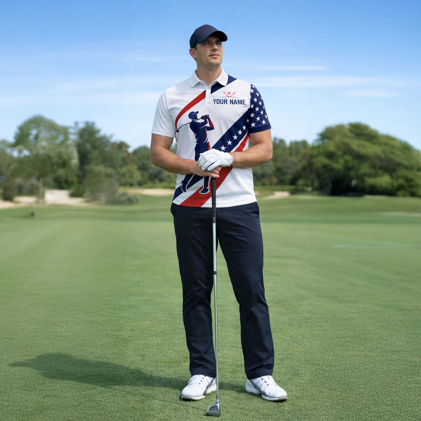 Custom Golf Polo Shirt USA Flag Style Personalized Name Team Number Performance Polo