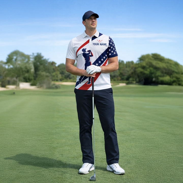 Custom Golf Polo Shirt USA Flag Style Personalized Name Team Number Performance Polo