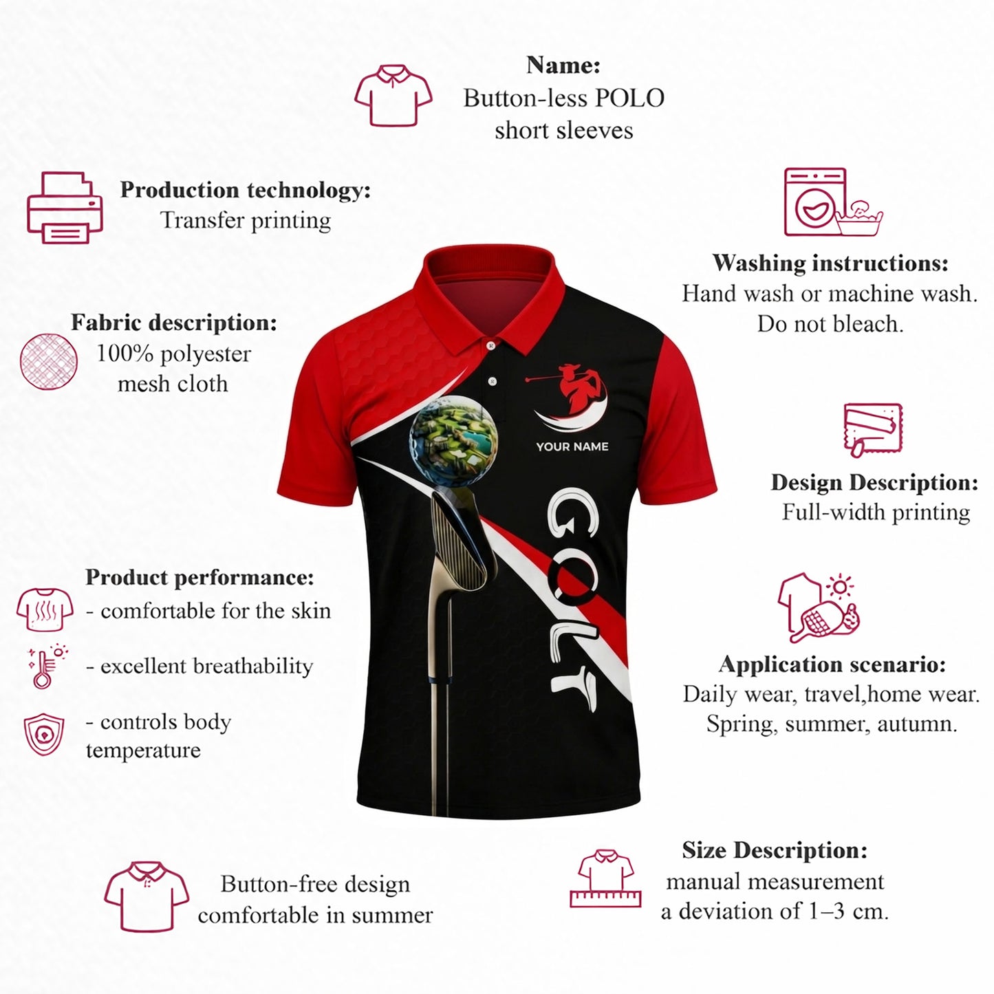Custom Golf Polo Shirt Personalized Name Performance Golf Shirt Breathable Athletic Polo Black Red