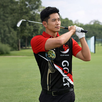 Custom Golf Polo Shirt Personalized Name Performance Golf Shirt Breathable Athletic Polo Black Red