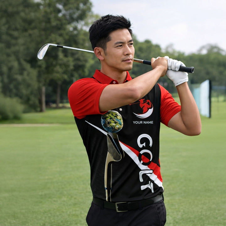Custom Golf Polo Shirt Personalized Name Performance Golf Shirt Breathable Athletic Polo Black Red