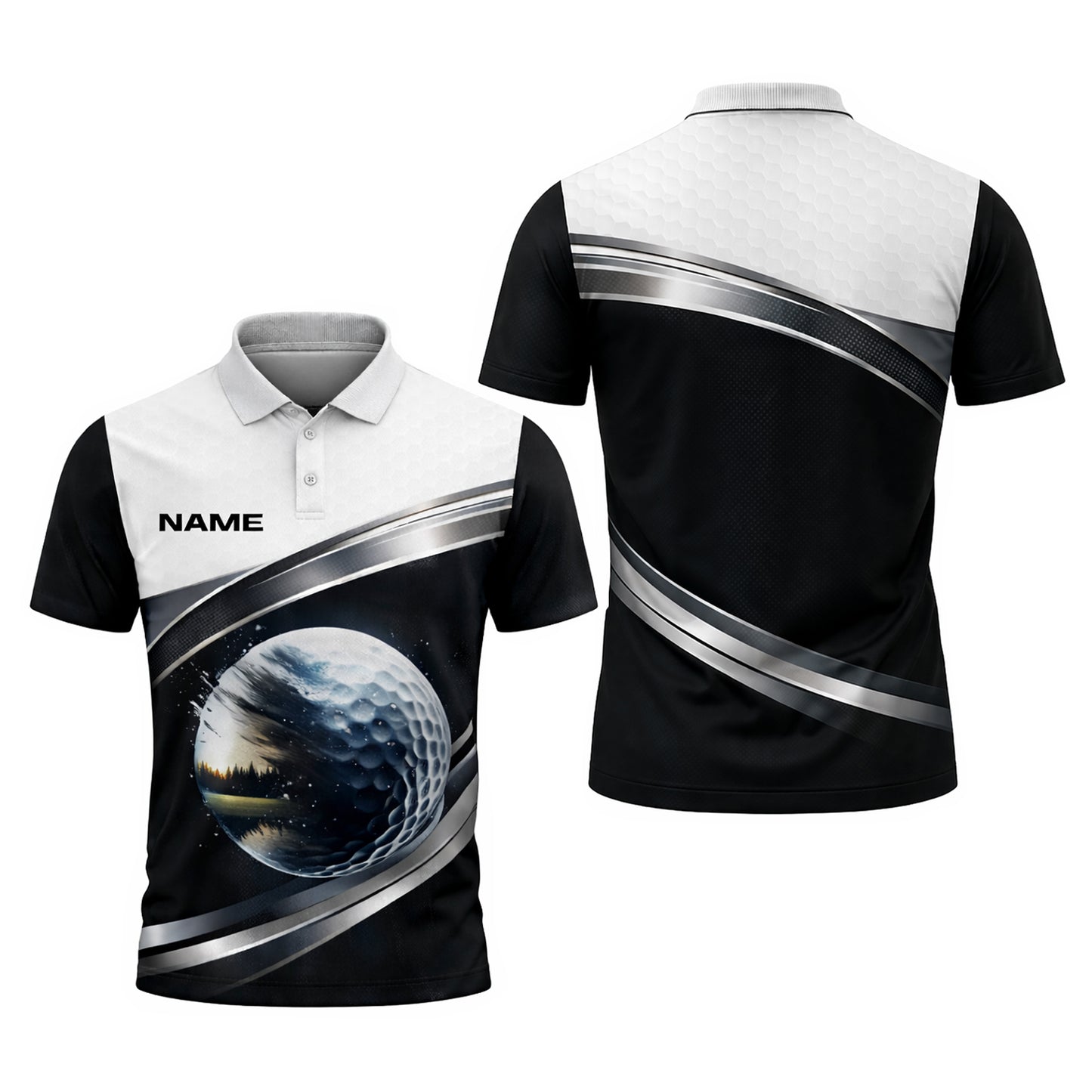 Custom Golf Polo Shirt 3D Golf Ball Black White Performance Polo Personalized Name Shirt