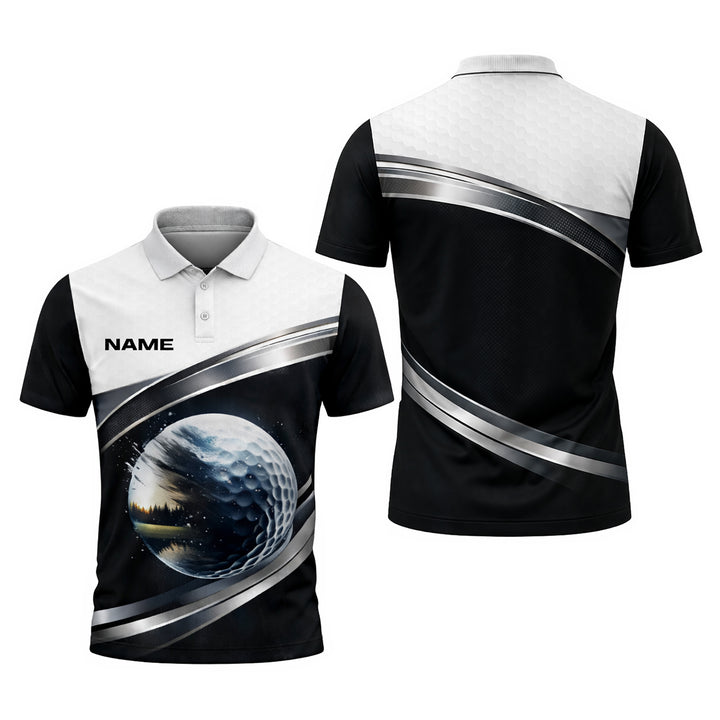 Custom Golf Polo Shirt 3D Golf Ball Black White Performance Polo Personalized Name Shirt
