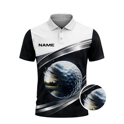 Custom Golf Polo Shirt 3D Golf Ball Black White Performance Polo Personalized Name Shirt
