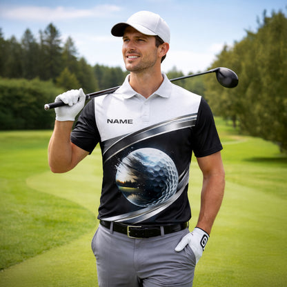 Custom Golf Polo Shirt 3D Golf Ball Black White Performance Polo Personalized Name Shirt