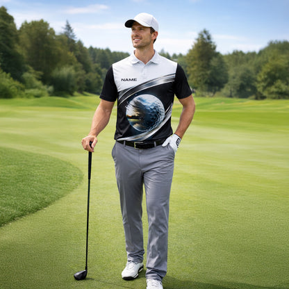 Custom Golf Polo Shirt 3D Golf Ball Black White Performance Polo Personalized Name Shirt