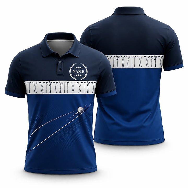 Golf Polo Shirt Personalized Name Classic Golf Clubs Pattern Performance Polo Blue White Unisex