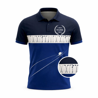 Golf Polo Shirt Personalized Name Classic Golf Clubs Pattern Performance Polo Blue White Unisex