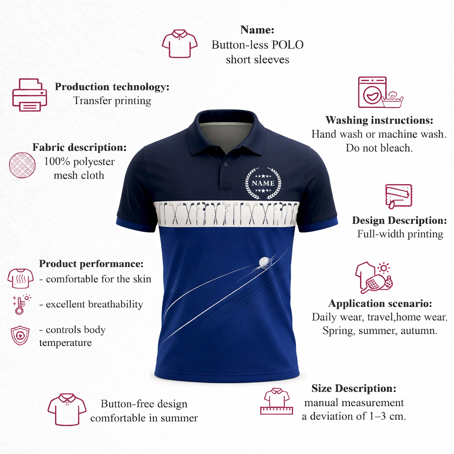 Golf Polo Shirt Personalized Name Classic Golf Clubs Pattern Performance Polo Blue White Unisex