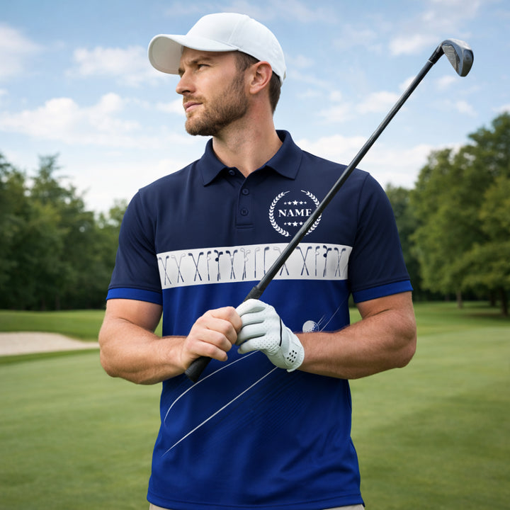 Golf Polo Shirt Personalized Name Classic Golf Clubs Pattern Performance Polo Blue White Unisex