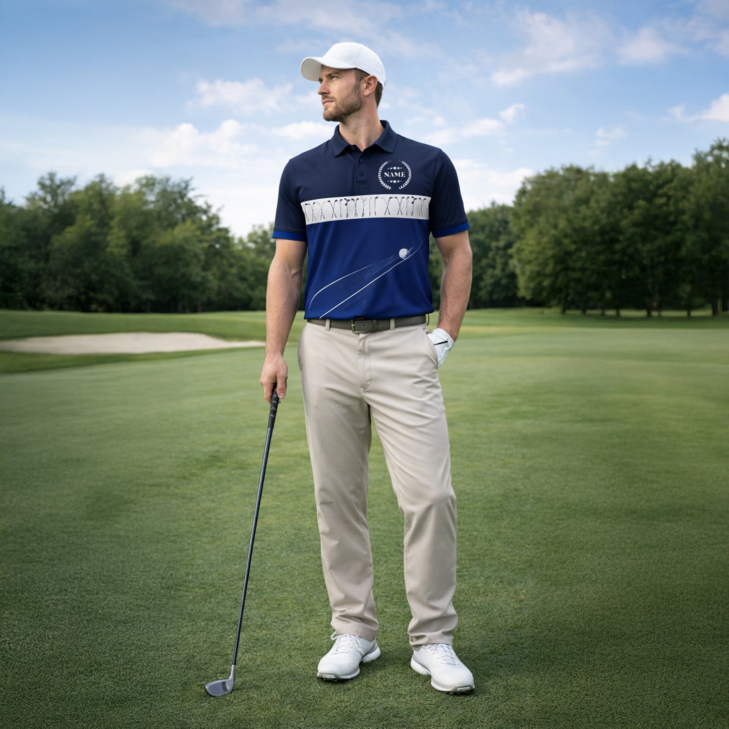 Golf Polo Shirt Personalized Name Classic Golf Clubs Pattern Performance Polo Blue White Unisex