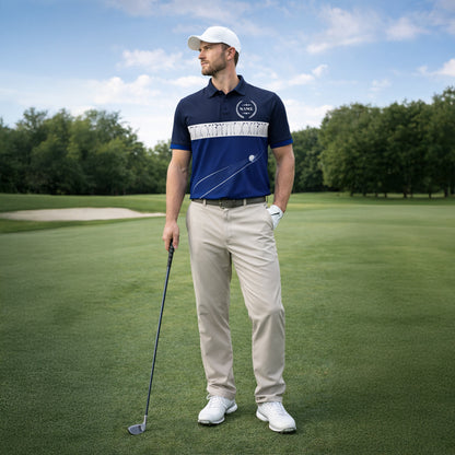 Golf Polo Shirt Personalized Name Classic Golf Clubs Pattern Performance Polo Blue White Unisex