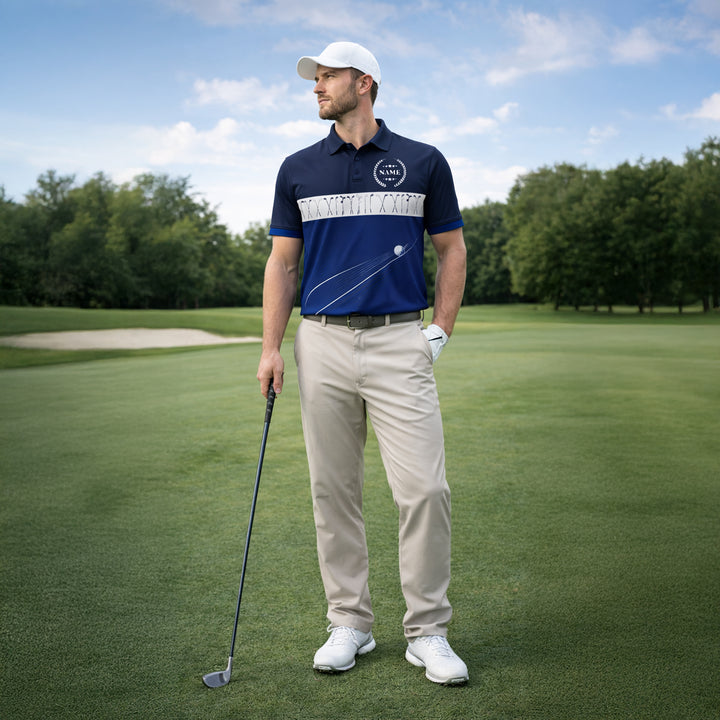 Golf Polo Shirt Personalized Name Classic Golf Clubs Pattern Performance Polo Blue White Unisex