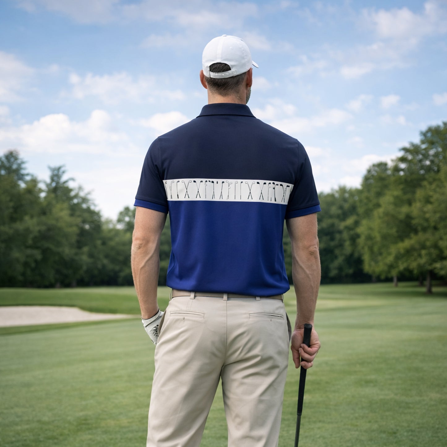 Golf Polo Shirt Personalized Name Classic Golf Clubs Pattern Performance Polo Blue White Unisex