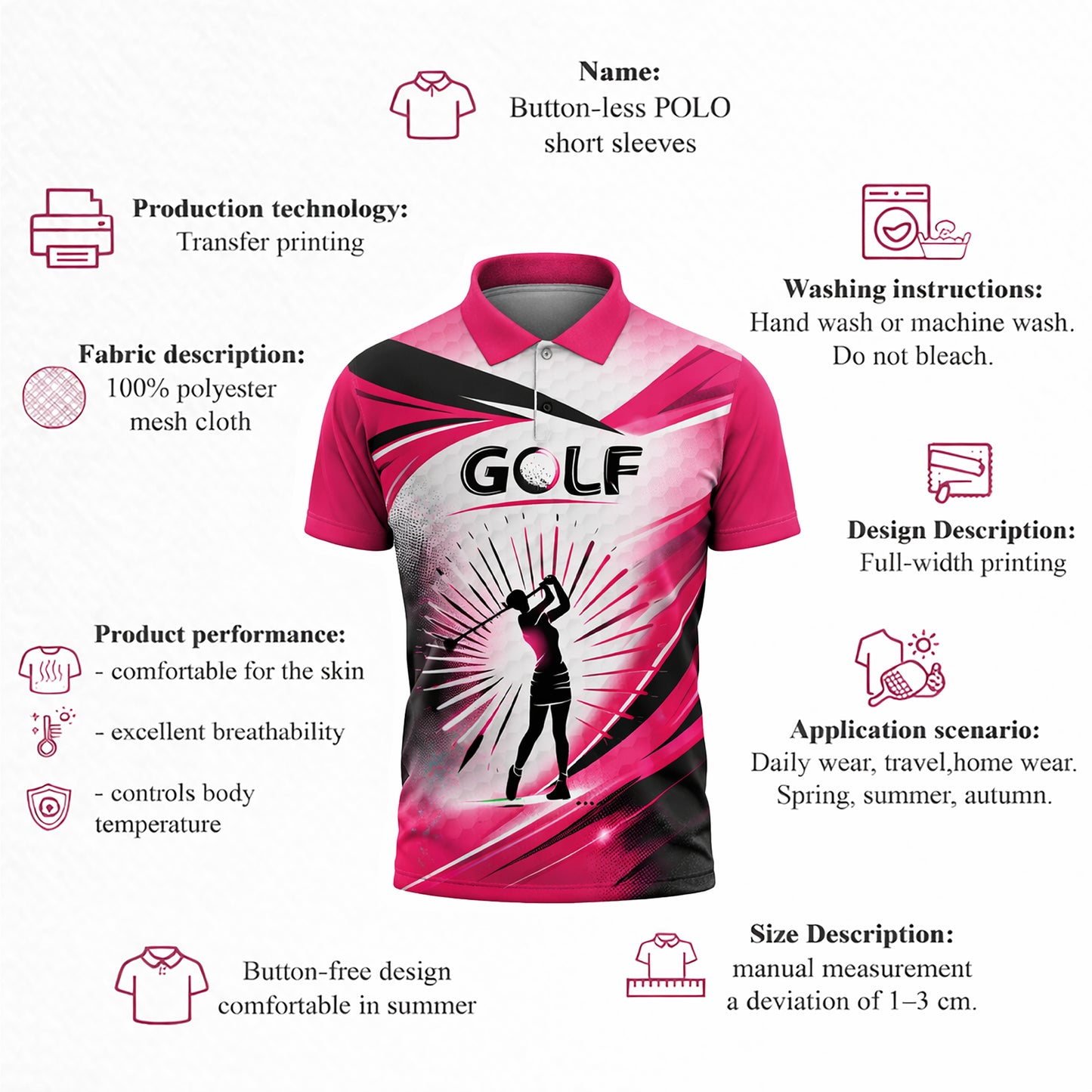 Women Golf Polo Shirt Pink Black Performance Shirt Golf Swing Graphic Athletic Polo