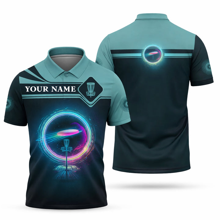 Custom Name Disc Golf Polo Shirt Neon Ring Basket Graphic Performance Polo Unisex