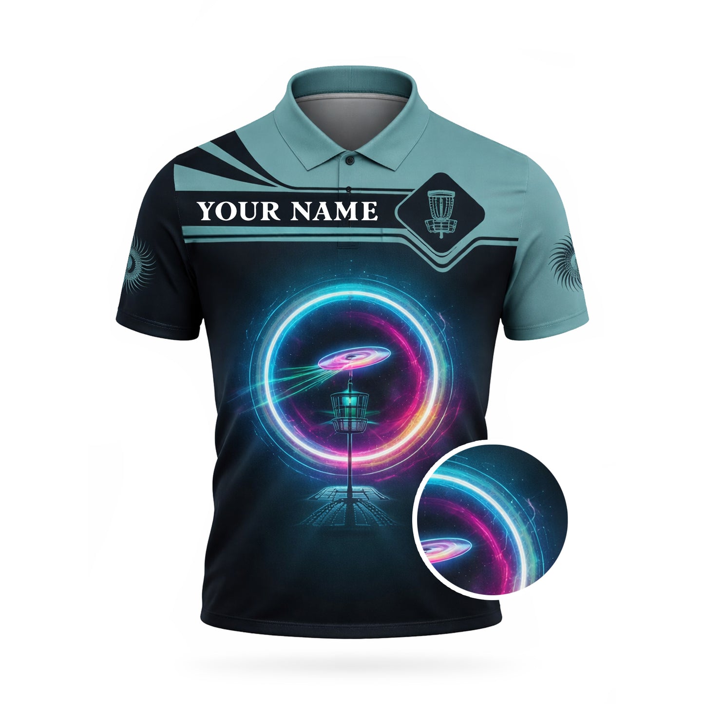 Custom Name Disc Golf Polo Shirt Neon Ring Basket Graphic Performance Polo Unisex