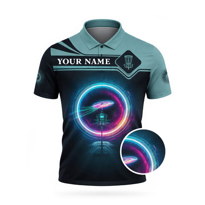 Custom Name Disc Golf Polo Shirt Neon Ring Basket Graphic Performance Polo Unisex