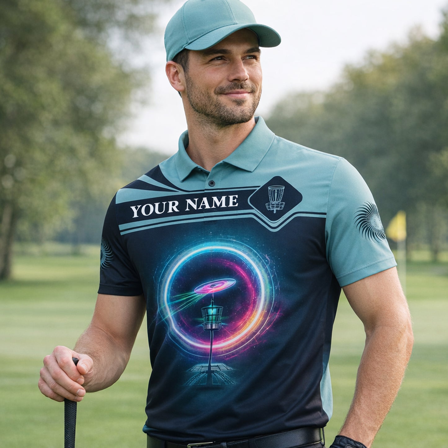 Custom Name Disc Golf Polo Shirt Neon Ring Basket Graphic Performance Polo Unisex