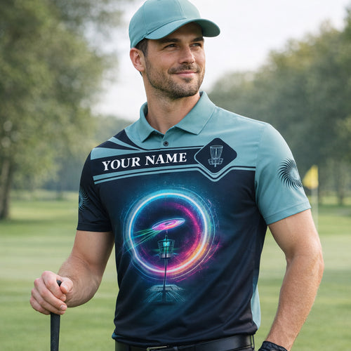 Custom Name Disc Golf Polo Shirt Neon Ring Basket Graphic Performance Polo Unisex