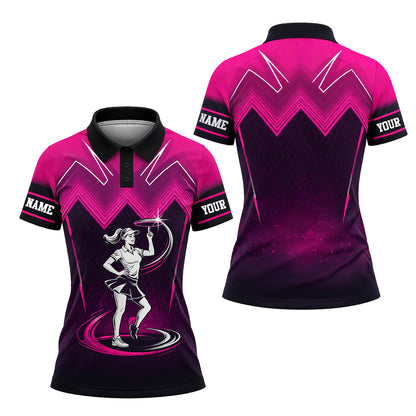 Women Pickleball Polo Shirt Custom Name Pink Black Sport Performance Polo Skirt Outfit Style