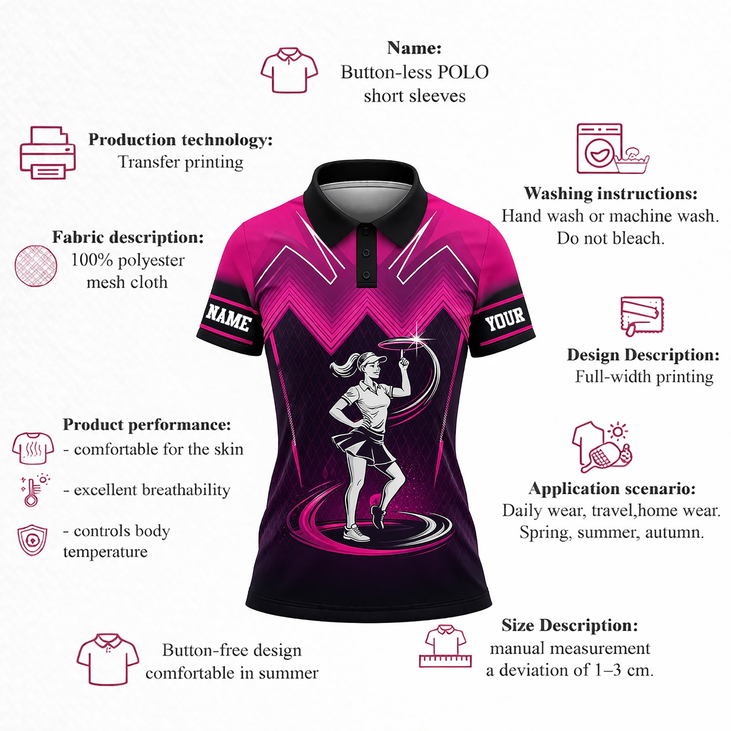 Women Pickleball Polo Shirt Custom Name Pink Black Sport Performance Polo Skirt Outfit Style