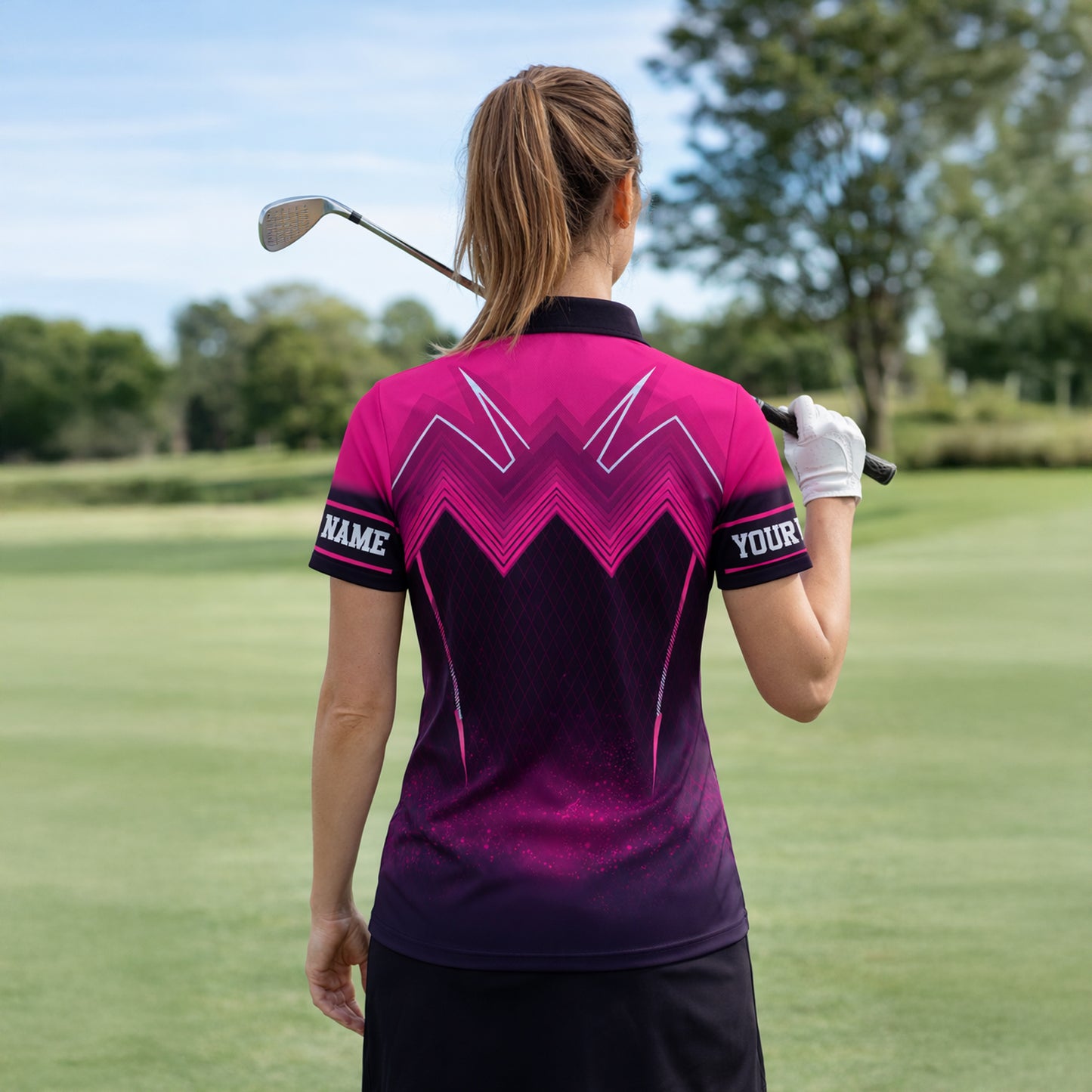 Women Pickleball Polo Shirt Custom Name Pink Black Sport Performance Polo Skirt Outfit Style