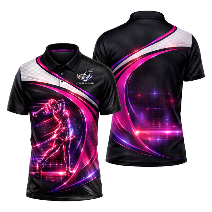 Women Golf Polo Shirt Personalized Name Neon Golf Player Performance Polo Pink Black Gradient