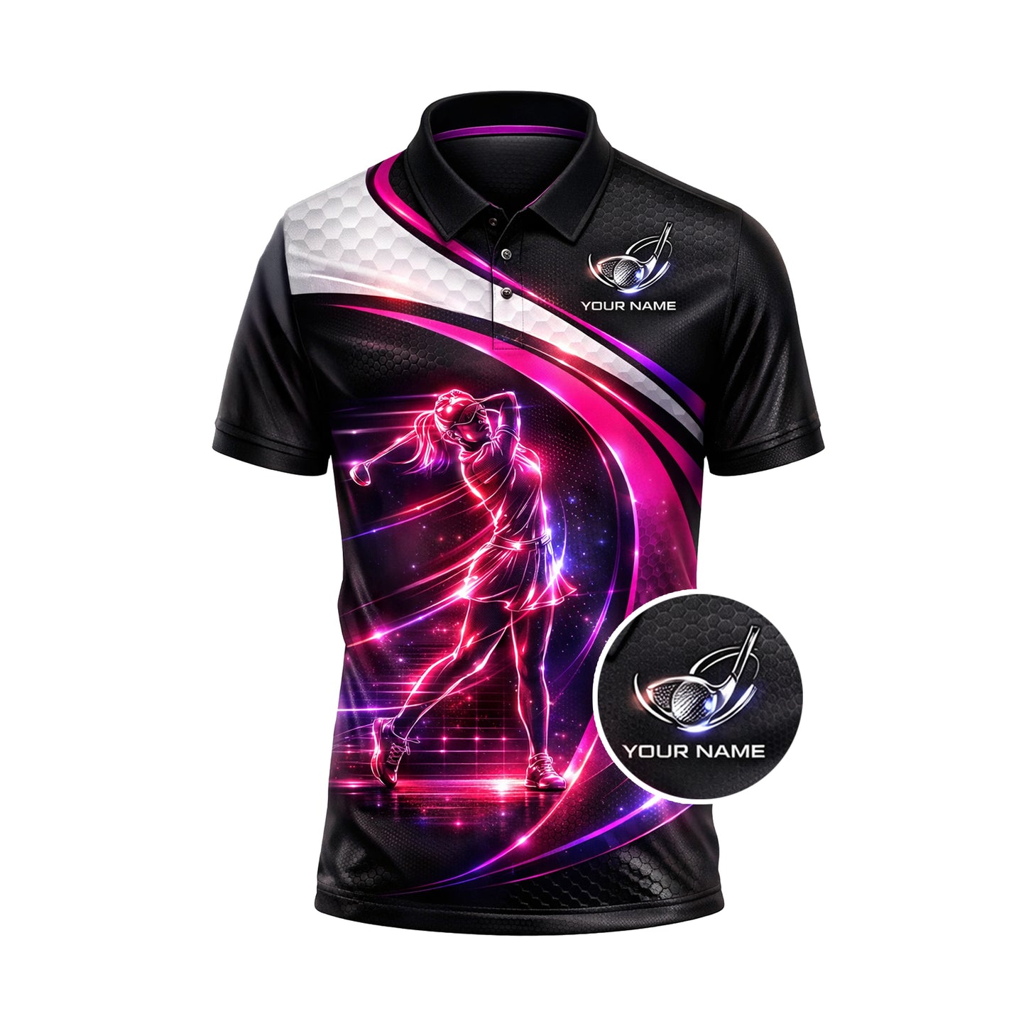 Women Golf Polo Shirt Personalized Name Neon Golf Player Performance Polo Pink Black Gradient
