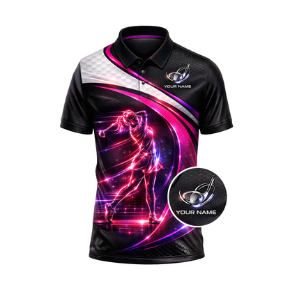 Women Golf Polo Shirt Personalized Name Neon Golf Player Performance Polo Pink Black Gradient