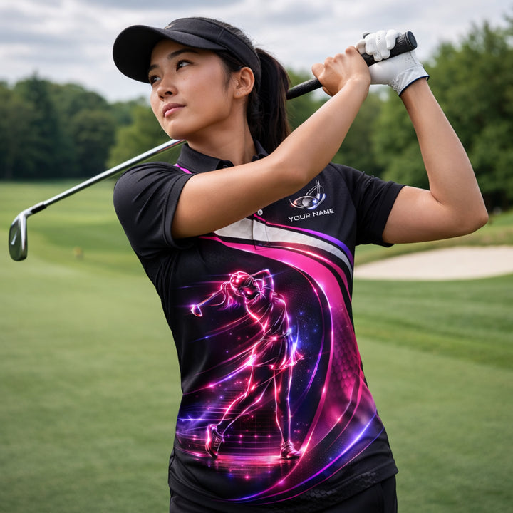 Women Golf Polo Shirt Personalized Name Neon Golf Player Performance Polo Pink Black Gradient