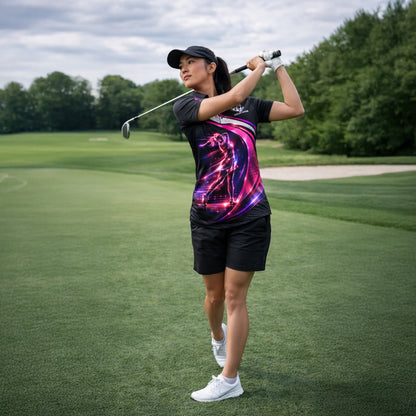 Women Golf Polo Shirt Personalized Name Neon Golf Player Performance Polo Pink Black Gradient