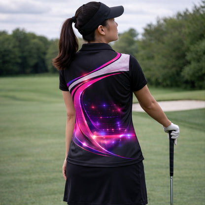 Women Golf Polo Shirt Personalized Name Neon Golf Player Performance Polo Pink Black Gradient