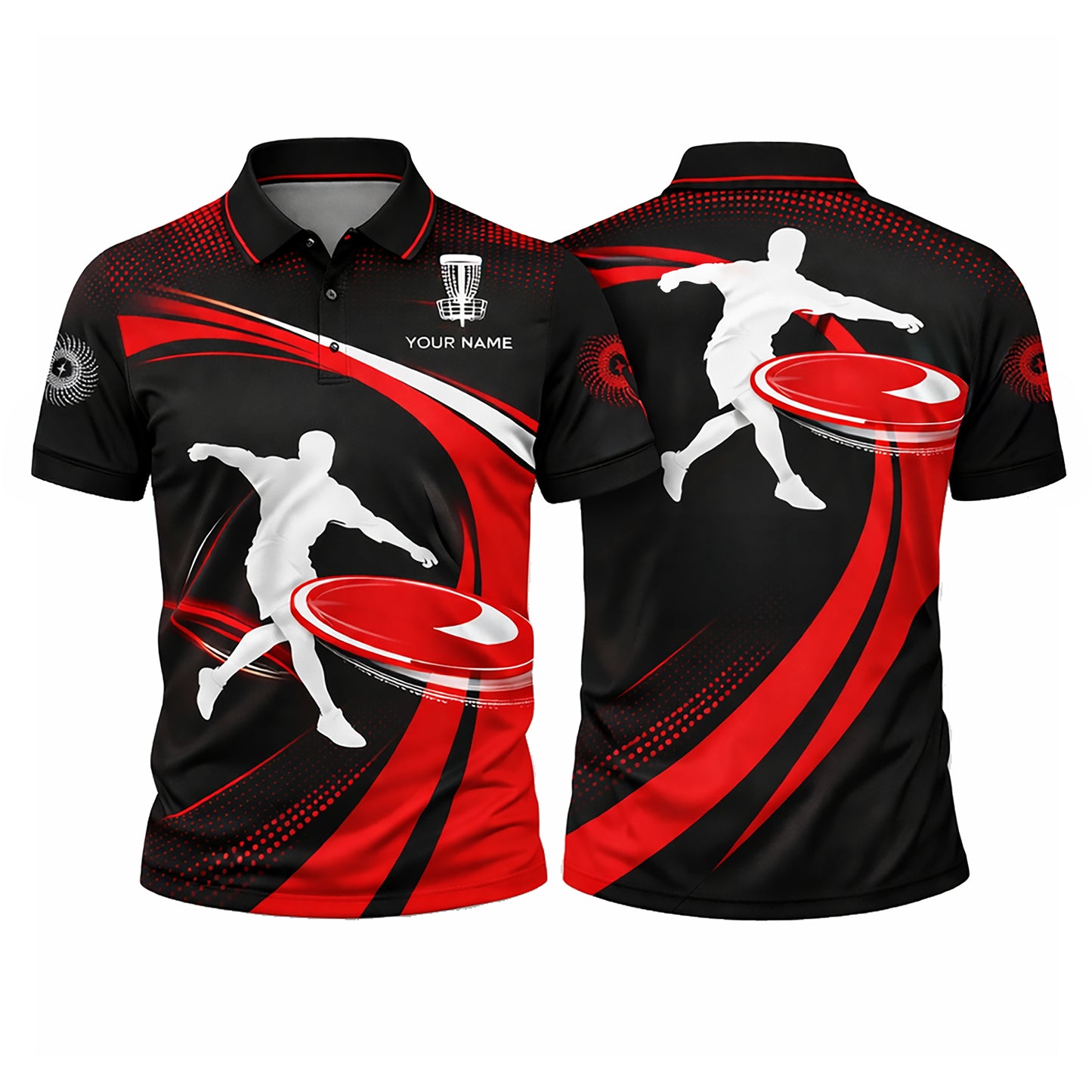 Disc Golf Polo Shirt Personalized Name Red Black Frisbee Player Performance Polo Unisex