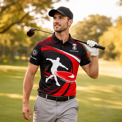 Disc Golf Polo Shirt Personalized Name Red Black Frisbee Player Performance Polo Unisex