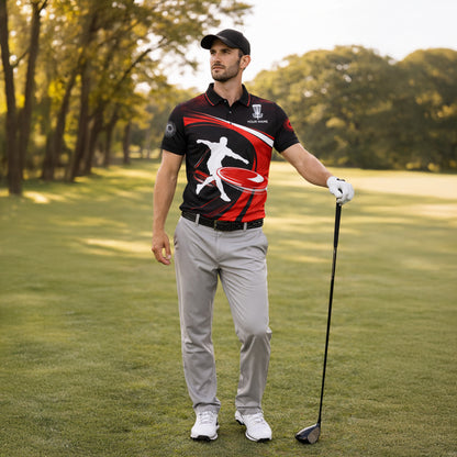 Disc Golf Polo Shirt Personalized Name Red Black Frisbee Player Performance Polo Unisex